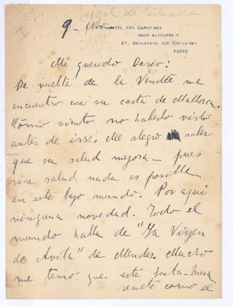 [Carta], c.1909 nov. 9 Paris, Francia <a> Rubén Darío