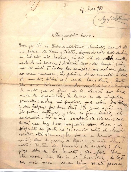 [Carta], 1910 ene. 4 Argentina? <a> Rubén Darío