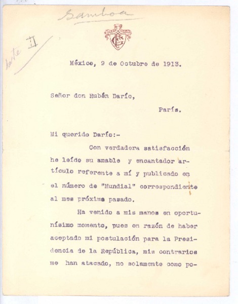 [Carta], 1913 oct. 9 México <a> Rubén Darío