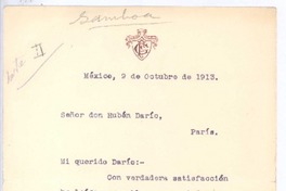 [Carta], 1913 oct. 9 México <a> Rubén Darío
