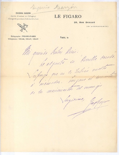 [Carta entre 1900 y 1916], Paris, Francia <a> Rubén Darío