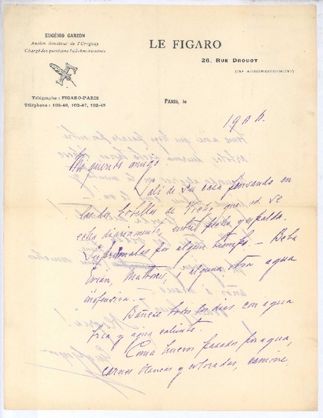 [Carta], 1906 Paris, Francia <a> Rubén Darío