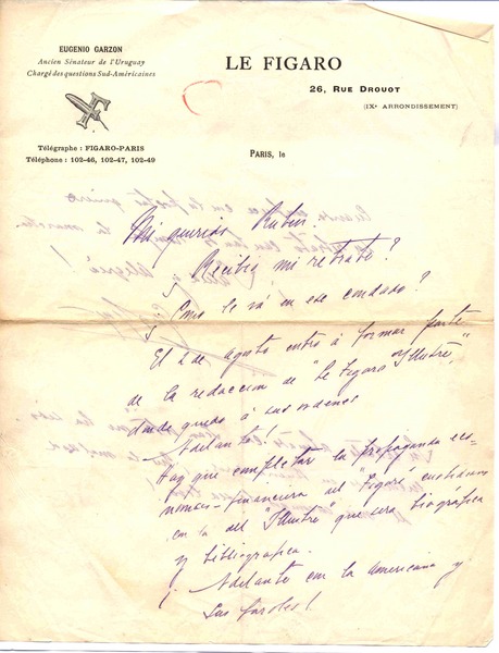 [Carta c.1906], Paris, Francia <a> Rubén Darío