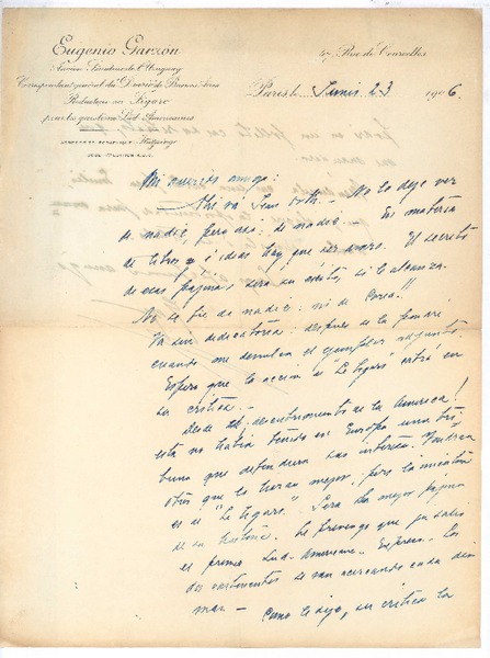 [Carta], 1906 jun. 23 Paris, Francia <a> Rubén Darío