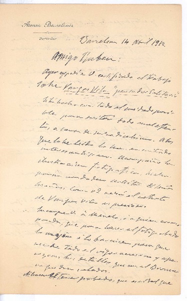 [Carta], 1912 abr. 14 Barcelona, España <a> Rubén Darío