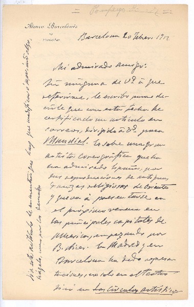 [Carta], 1912 feb. 20 Barcelona, España <a> Rubén Darío