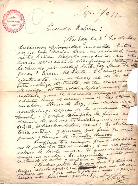 [Carta], 1911 sep. 18 Buenos Aires, Argentina <a> Rubén Darío