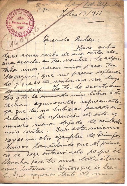[Carta], 1911 jul. 13 Buenos Aires, Argentina <a> Rubén Darío