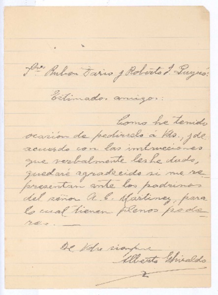 [Carta entre 1900 y 1916], Argentina? <a> Rubén Darío y Roberto Payró