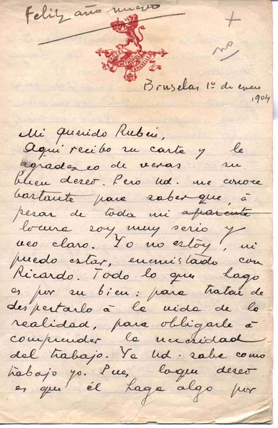 [Carta], 1904 ene. 1 Bruselas, Bélgica <a> Rubén Darío