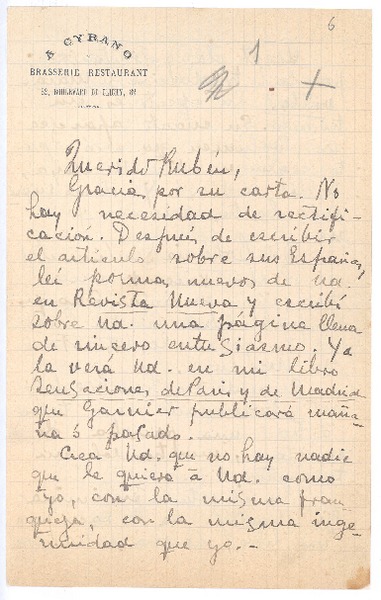[Carta], c.1900 oct. 10 Paris, Francia <a> Rubén Darío