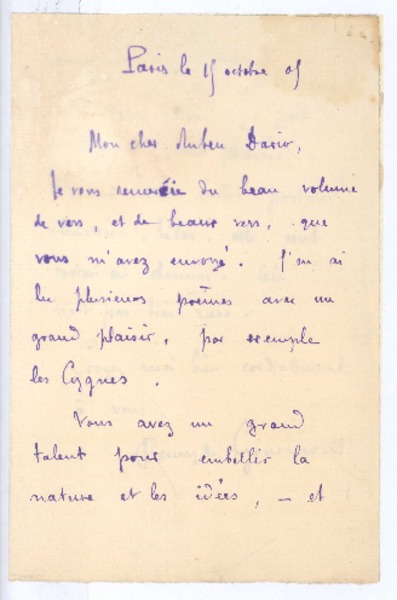 [Carta], 1909 oct. 19 Paris, Francia <a> Rubén Darío