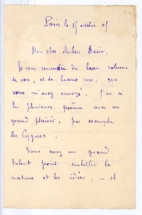 [Carta], 1909 oct. 19 Paris, Francia <a> Rubén Darío