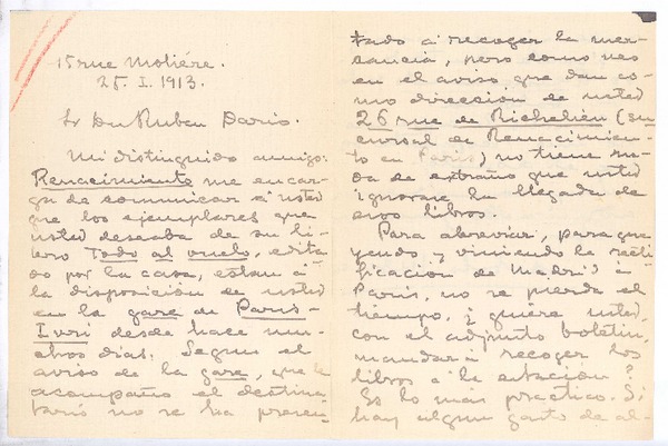 [Carta], 1913 ene. 25 París, Francia <a> Rubén Darío