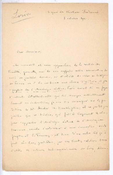 [Carta], 1911 oct. 5 Francia <a> Rubén Darío