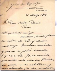 [Carta], 1913 mar. 31 Londres, Inglaterra <a> Rubén Darío