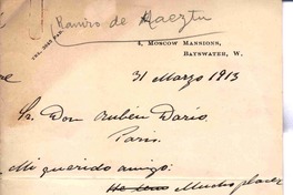 [Carta], 1913 mar. 31 Londres, Inglaterra <a> Rubén Darío