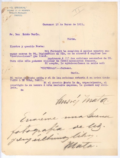 [Carta], 1911 mar. 17 Caracas, Venezuela <a> Rubén Darío