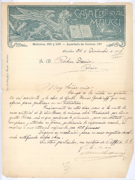 [Carta], 1901 dic. 24 Barcelona, España <a> Rubén Darío