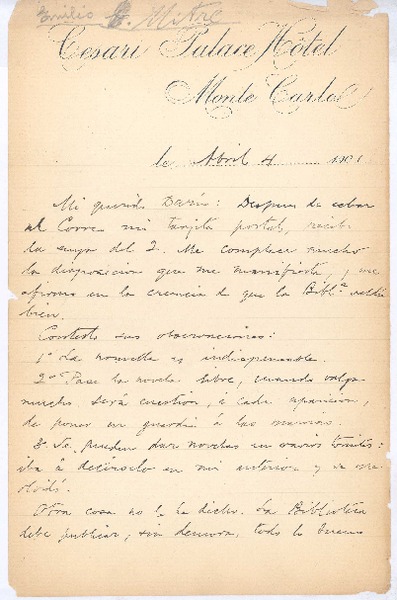 [Carta], 1901 abr. 4 Monte Carlo, Monaco <a> Rubén Darío