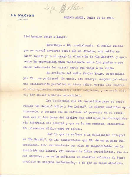 [Carta], 1912 jun. 24 Buenos Aires, Argentina <a> Rubén Darío
