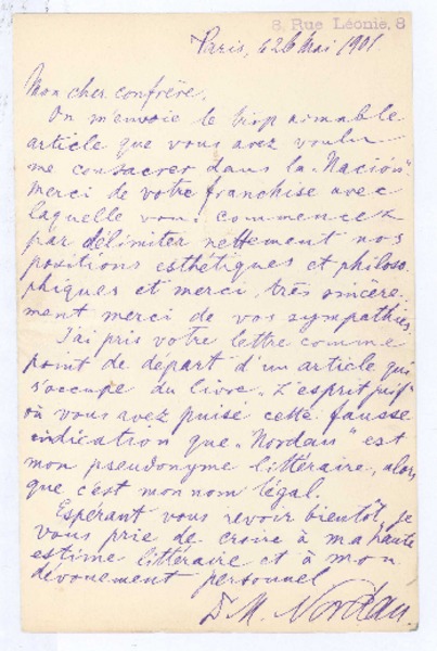 [Carta], 1901 may. 26 Paris, Francia <a> Rubén Darío