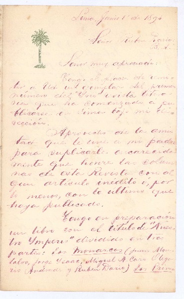 [Carta], 1894 jun. 1 Lima, Perú <a> Rubén Darío
