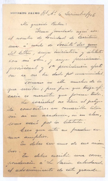 [Carta], 1906 dic. 6 Buenos Aires, Argentina <a> Rubén Darío