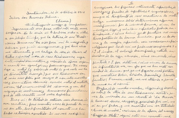[Carta], 1901 oct. 12 Santander, España <a> Ricardo Palma
