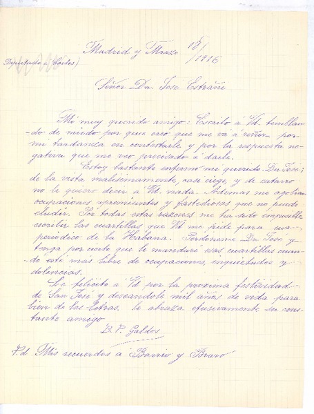 [Carta], 1916 mar. 18 Madrid, España <a> José Estrañi Grau