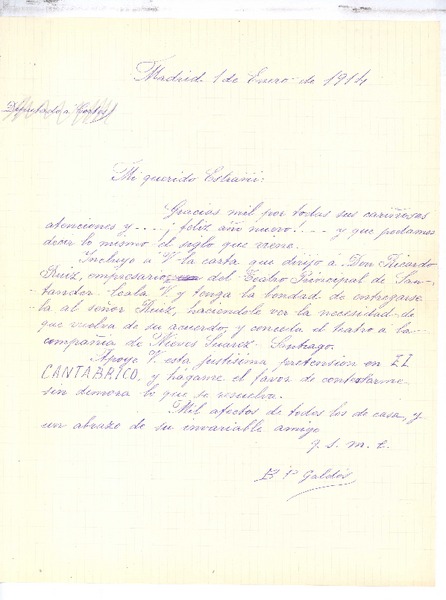 [Carta], 1914 ene. 1 Madrid, España <a> José Estrañi Grau