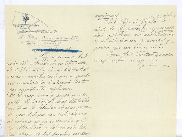 [Carta], 1912 mar. 12 Madrid, España <a un autor dramático>