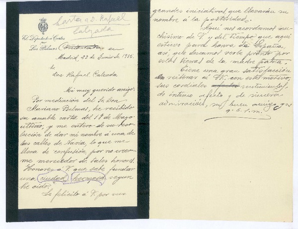 [Carta], 1915 jun. 23 Madrid, España <a> Rafael Calzada