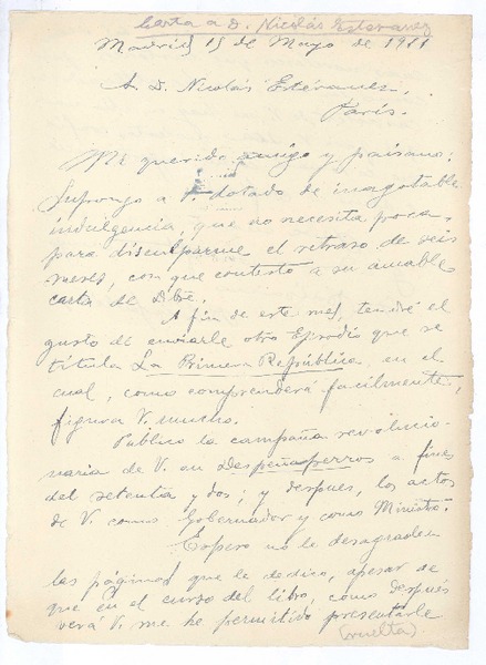 [Carta], 1911 may. 15 Madrid, España <a> Nicolás Estévanez