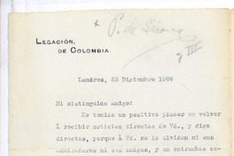 [Carta], 1909 dic. 23 Londres, Inglaterra <a> Rubén Darío