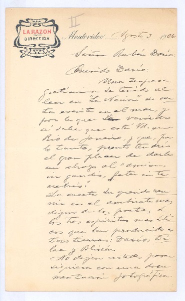 [Carta], 1906 ago. 3 Montevideo, Uruguay <a> Rubén Darío