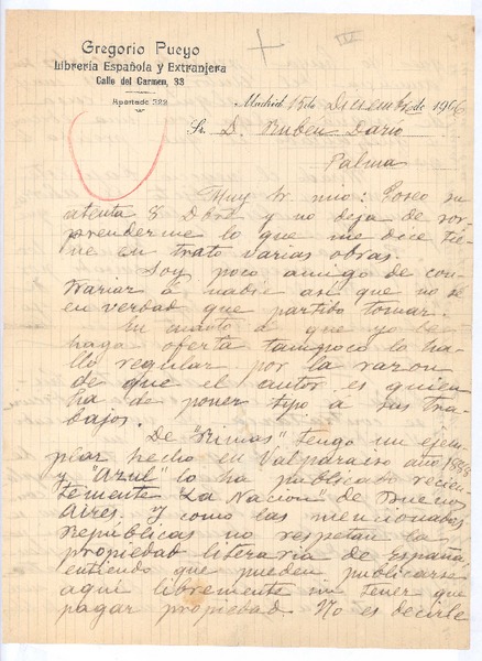 [Carta], 1906 dic. 15 Madrid, España <a> Rubén Darío