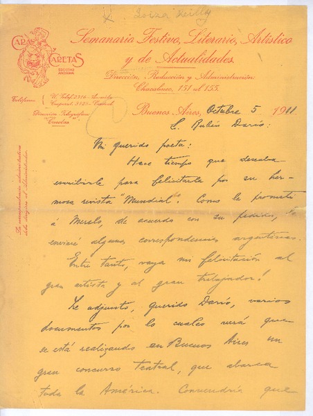 [Carta], 1911 oct. 5 Buenos Aires, Argentina <a> Rubén Darío