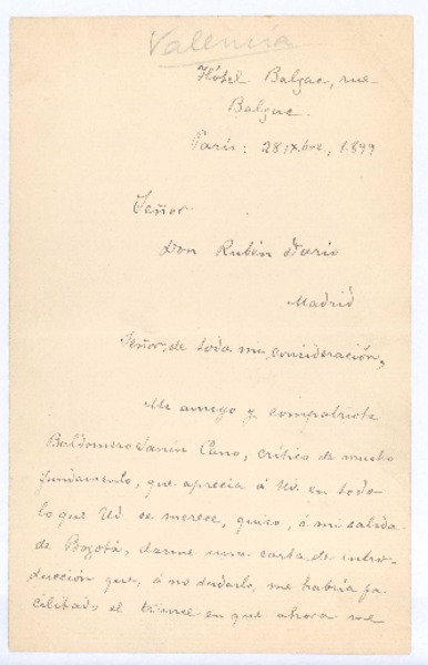 [Carta], 1899 oct. 28 Paris, Francia <a> Rubén Darío
