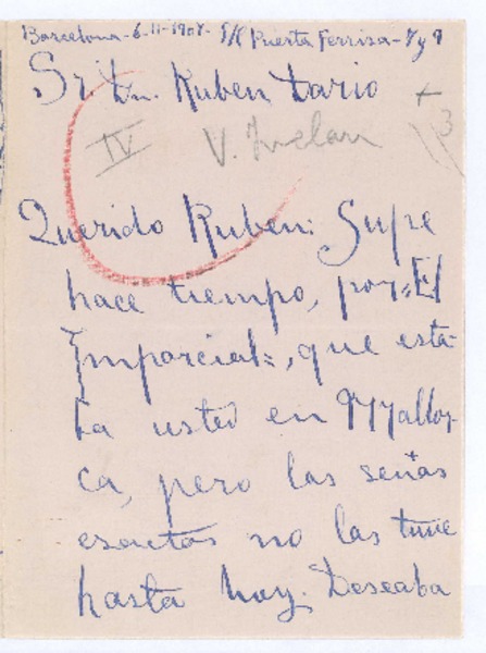 [Carta], 1907 feb. 6 Barcelona, España <a> Rubén Darío