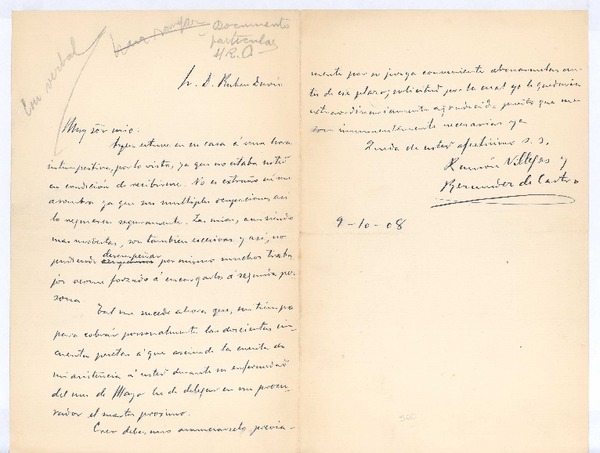 [Carta], 1908 oct. 9 Madrid, España <a> Rubén Darío