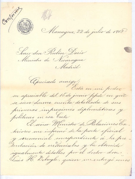[Carta], 1908 jul. 22 Managua, Nicaragua <a> Rubén Darío