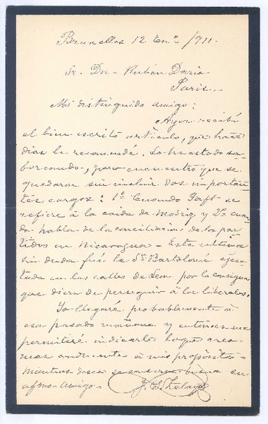 [Carta], 1911 ene. 12 Bruselas, Bélgica <a> Rubén Darío