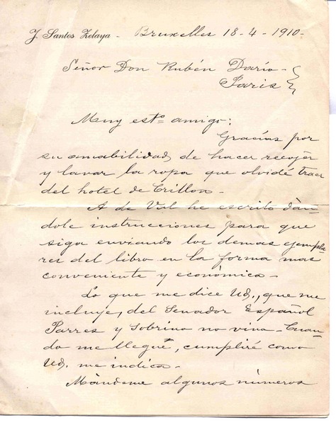 [Carta], 1910 abr. 18 Bruselas, Bélgica <a> Rubén Darío