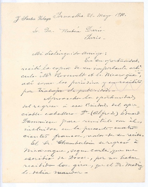 [Carta], 1910 may. 21 Bruselas, Bélgica <a> Rubén Darío