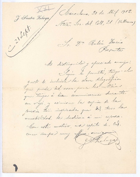 [Carta], 1912 abr. 30 Barcelona, España <a> Rubén Darío