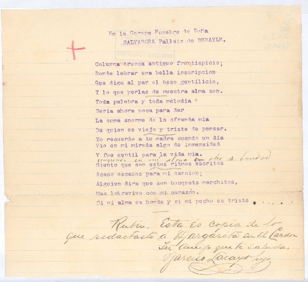 [Carta], c.1892 Nicaragua <a> Rubén Darío
