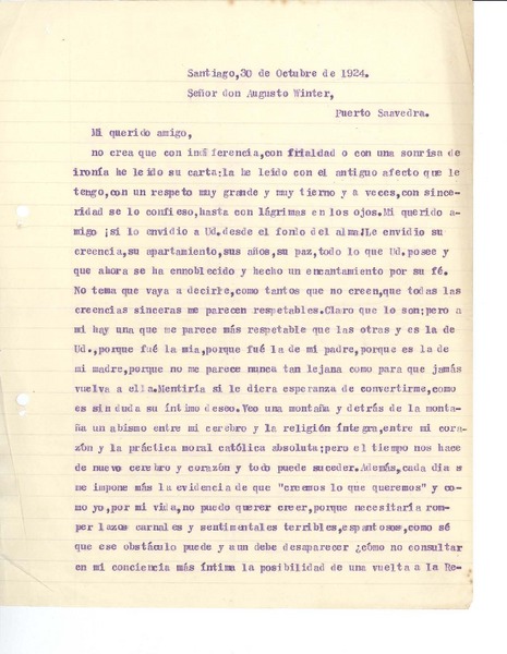 [Carta] 1924 oct. 30, Santiago, Chile [a] Augusto Winter