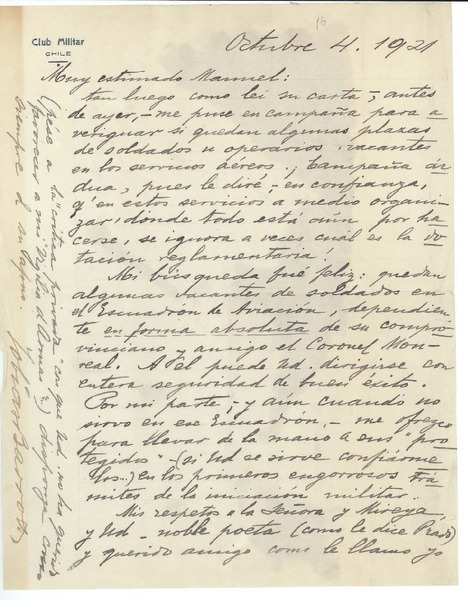 [Carta] 1921 oct. 4, Santiago, Chile [a] Manuel Magallanes Moure