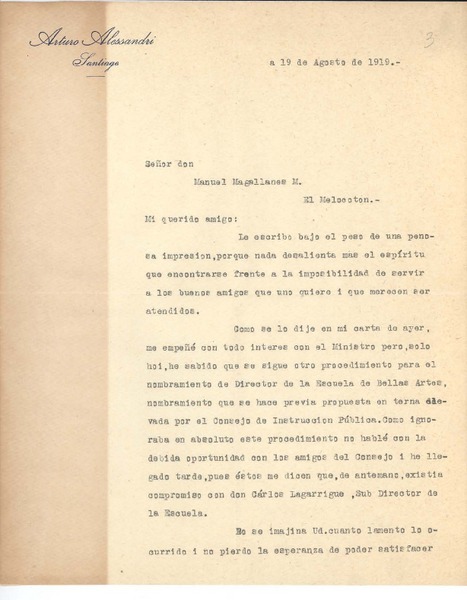 [Carta] 1919 ago. 19, Santiago, Chile [a] Manuel Magallanes Moure